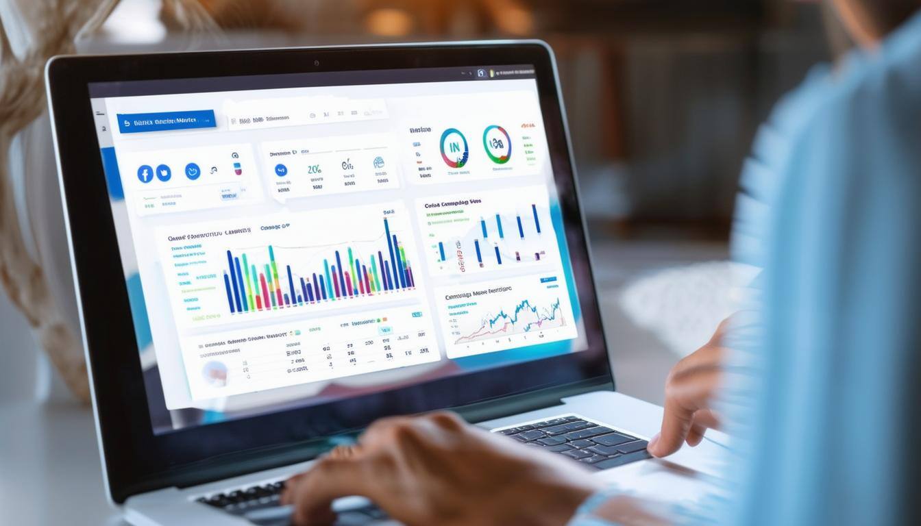 A marketer analyzing social media platform metrics on a laptop, with charts and campaign insights displayed