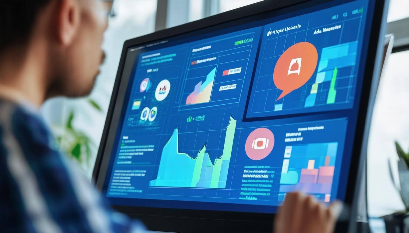 A marketer planning an ad campaign with charts and social media icons on a screen, showcasing platformspecific strategies