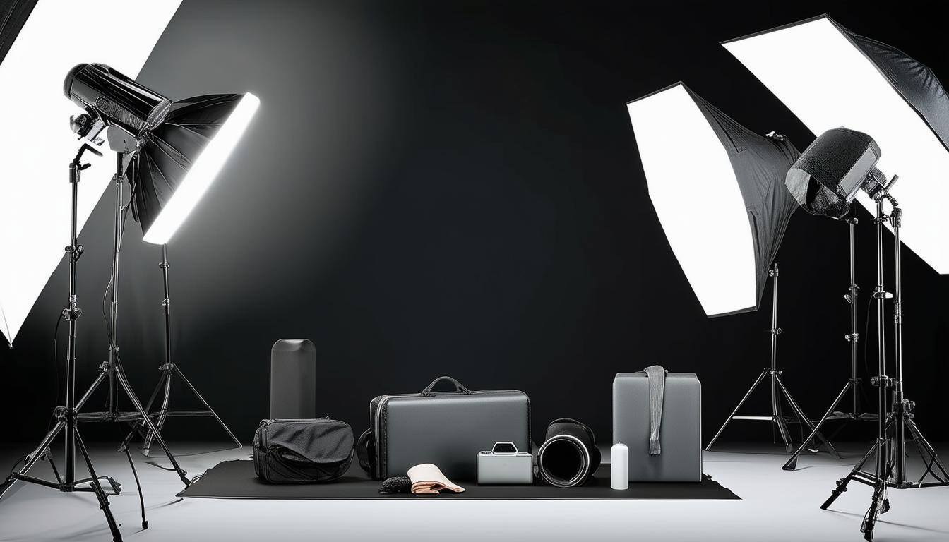 A photography setup featuring LED lights, a softbox, and a reflector, capturing a polished product display