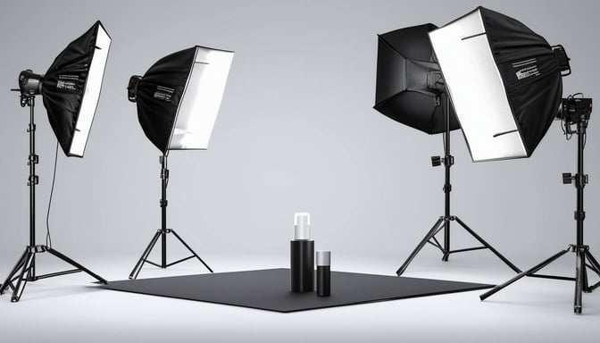 A professional photography setup with threepoint lighting, diffusers, and a product in focus on a clean background-1