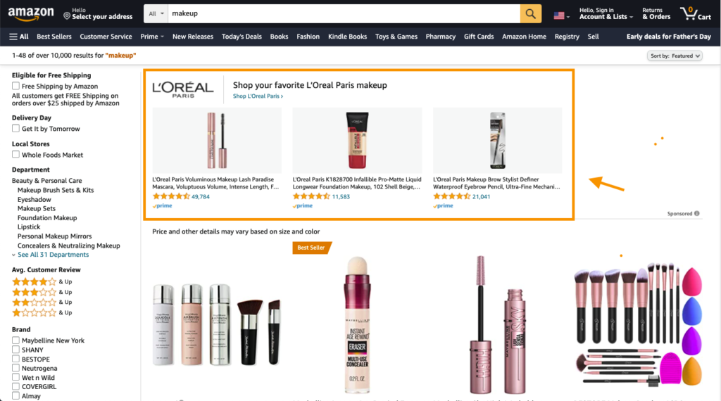 Screen capture of Amazon Sponsored Brands ad for Loreal