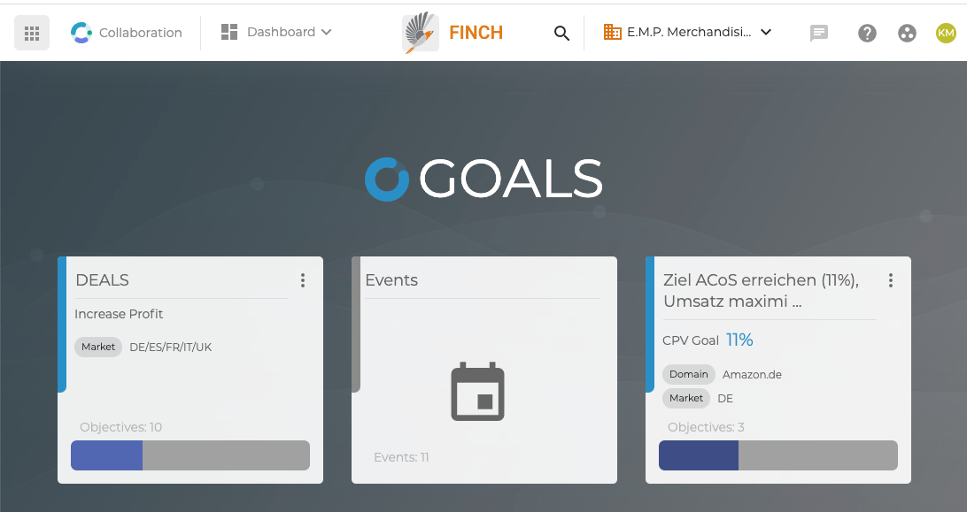 Screen capture of goals screen in Finch digital marketing workflow software