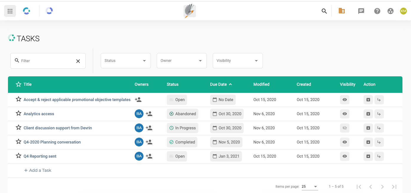 Screen capture of tasks in Finch digital marketing workflow software