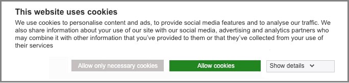 Sample of a cookie consent banner with a green button “Allow cookies” and a light gray button “Allow only necessary cookies.” 
