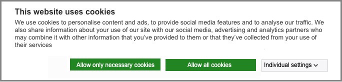 Sample of recommended cookie consent banner with Reject” option (or an “Only use necessary cookies” button) is not visually hidden or minimized in comparison to the “Allow all cookies” button.