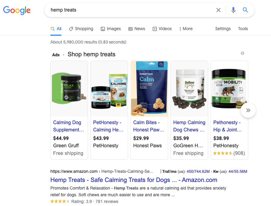A screen capture an organic search result for “hemp treats” where the seller has optimized its titles and descriptions on Amazon for SEO and captured the top spot on the SERP.