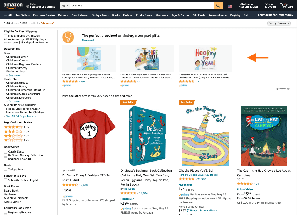 Screen capture of a search result for “Dr. Seuss” on Amazon.com shows the Sponsored Brand ad for Sourcebooks at the top of the shopping results page.