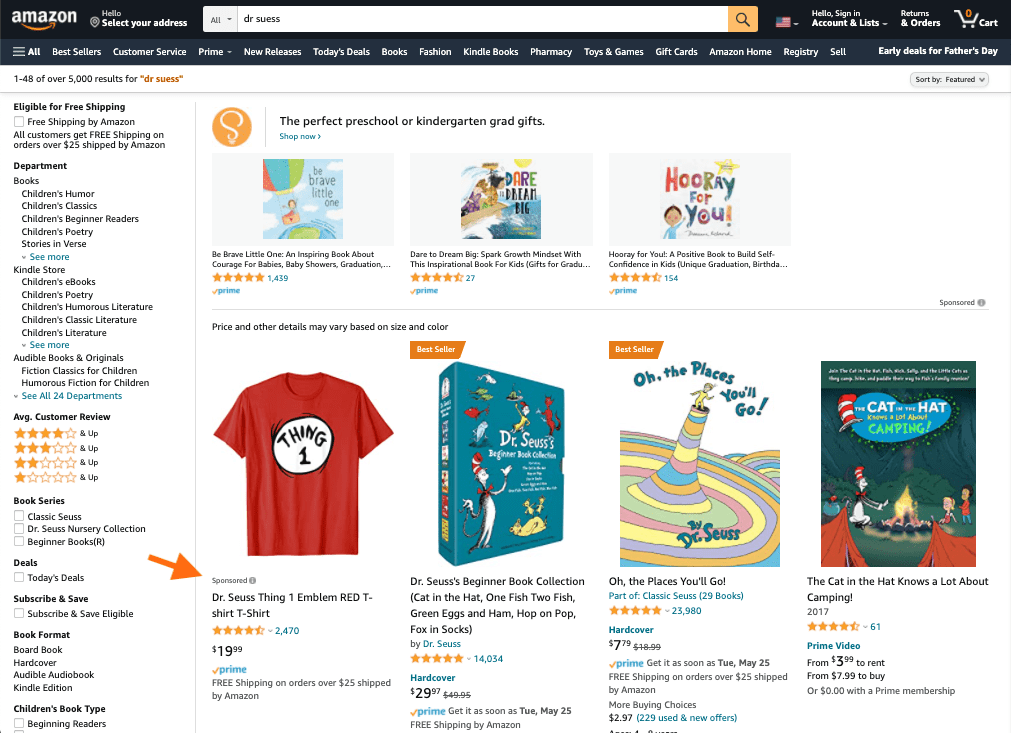 Screen capture of a Sponsored Product Ad for “Dr. Seuss Thing” shirt with t“Sponsored” and “i” in a gray circle.