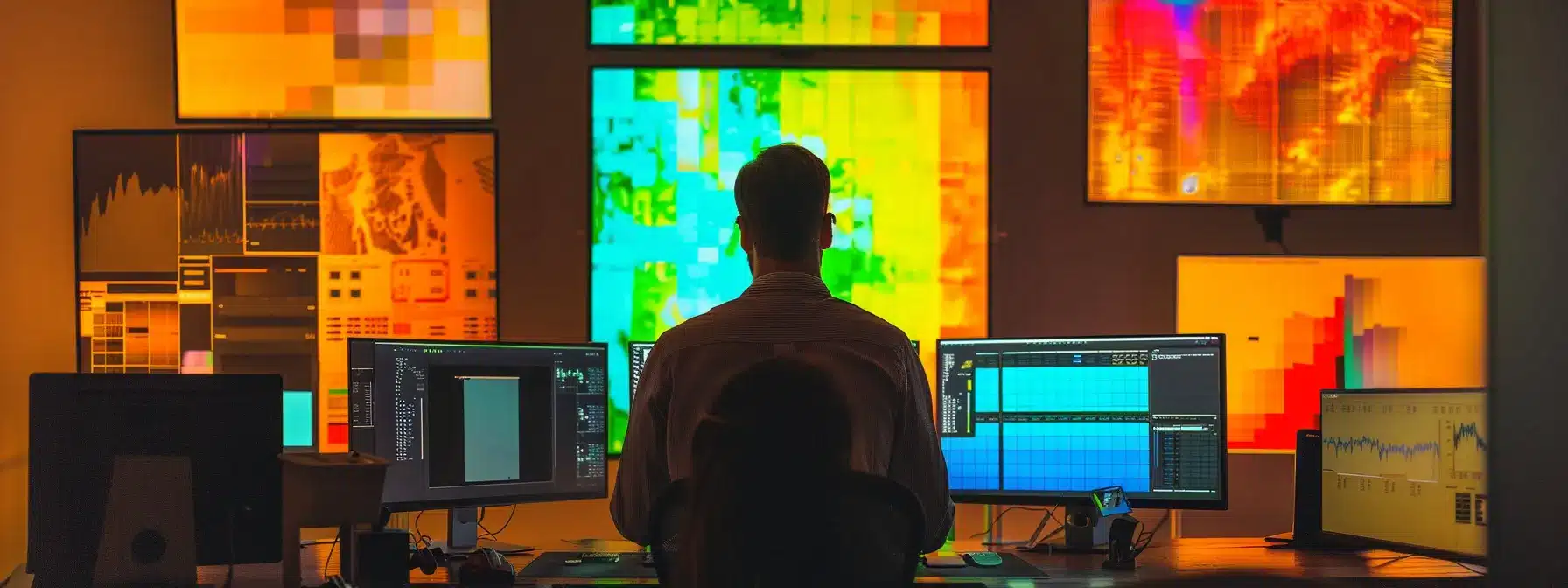 a designer analyzing a colorful heatmap to improve ui design with various a/b testing elements and customer feedback charts in the background, all contributing to higher conversions.