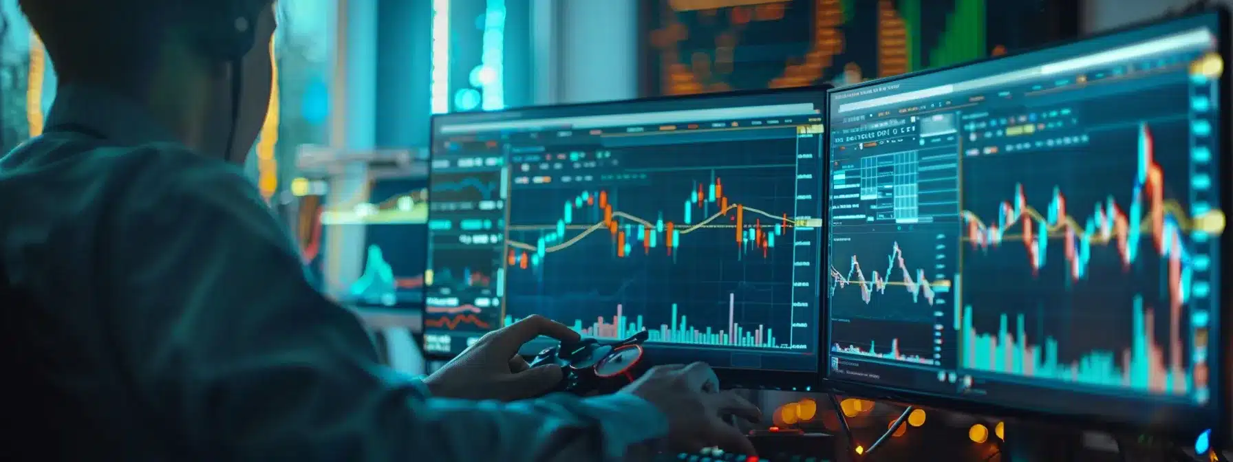 a person analyzing data on a computer screen, surrounded by charts and graphs, while adjusting bidding options for amazon advertising.